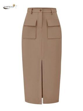 High Waist Cargo Midi Pencil Skirt Stretch Knit Slit Pockets